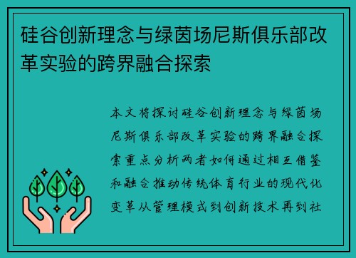 硅谷创新理念与绿茵场尼斯俱乐部改革实验的跨界融合探索